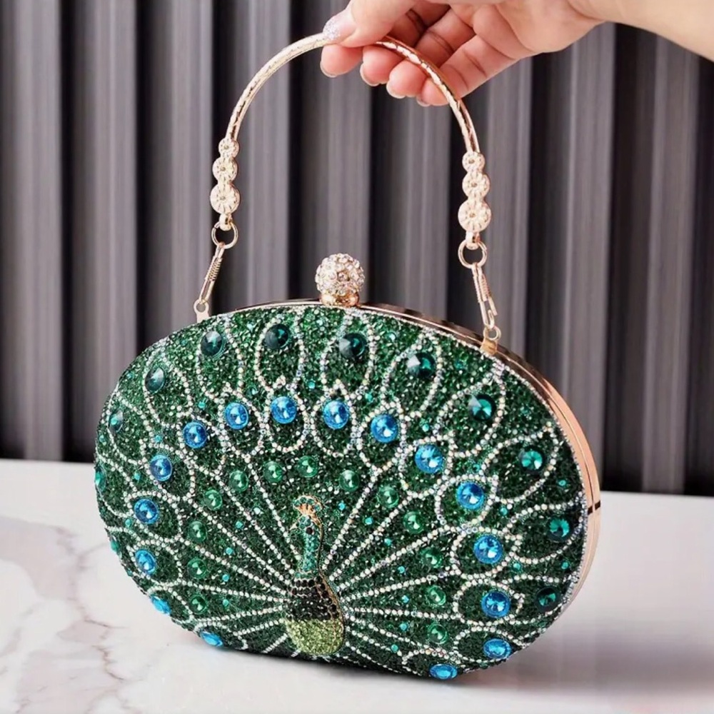 Green Peacock Crystal Clutch Evening Purse